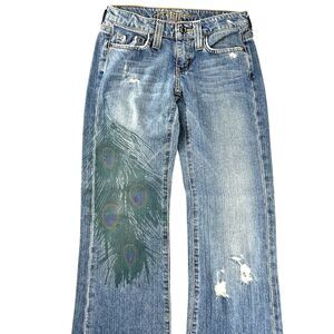 Hippie Denim Flare Women's Jeans Peacock Feather Distressed Size 24